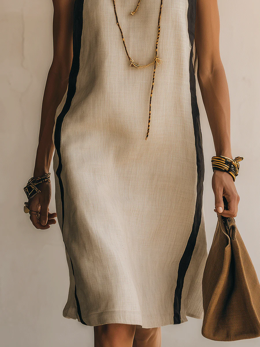 Effortless Coastal Elegance Flax Minimal Chic Black-Piped Shift Midi Dress - Image 3