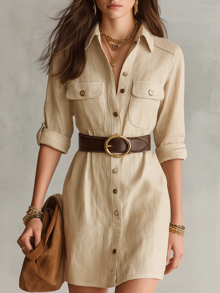 Effortless Coastal Elegance Linen Safari Button-Front Mini Dress(With A Belt)