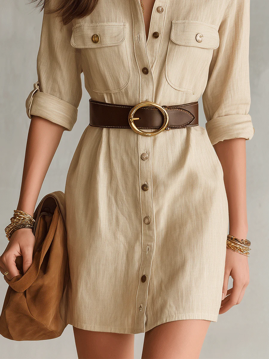 Effortless Coastal Elegance Linen Safari Button-Front Mini Dress(With A Belt) - Image 4