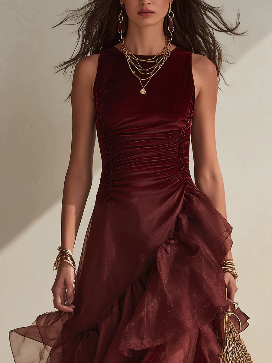 Effortless Coastal Elegance Wine Red Draped Tiered Hem Evening Maxi Dress - Image 2