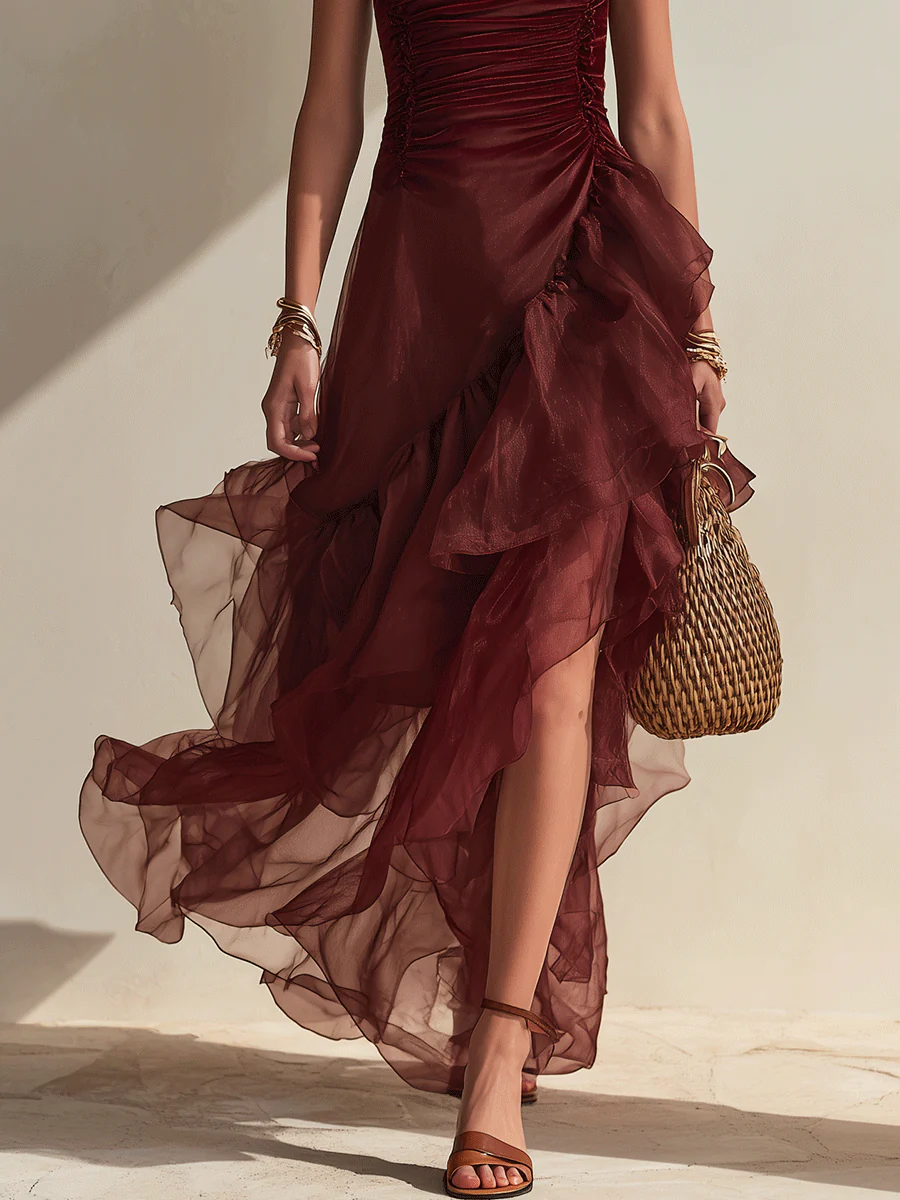 Effortless Coastal Elegance Wine Red Draped Tiered Hem Evening Maxi Dress - Image 3