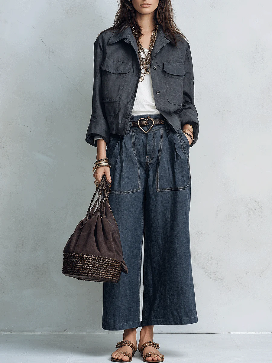 Effortless Cool Washed Relaxed-Fit Dark Grey Utility Jacket - Image 2