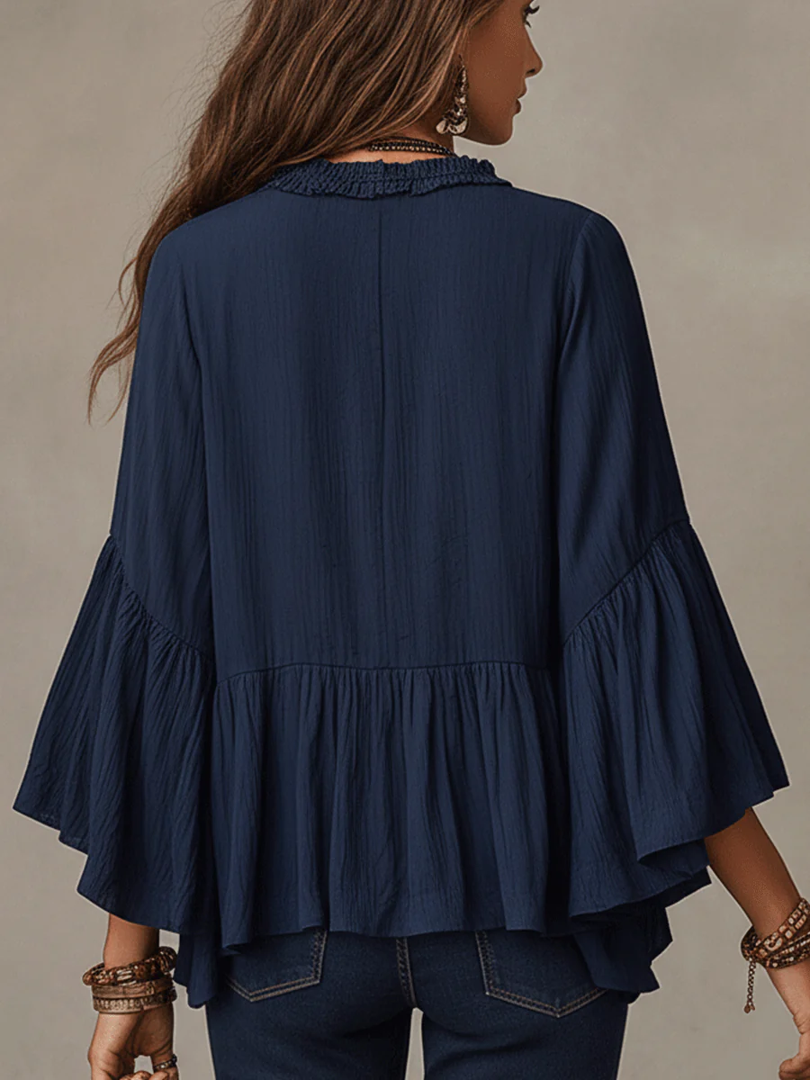 Effortless Deep Blue Ruffle Boho Blouse - Image 2