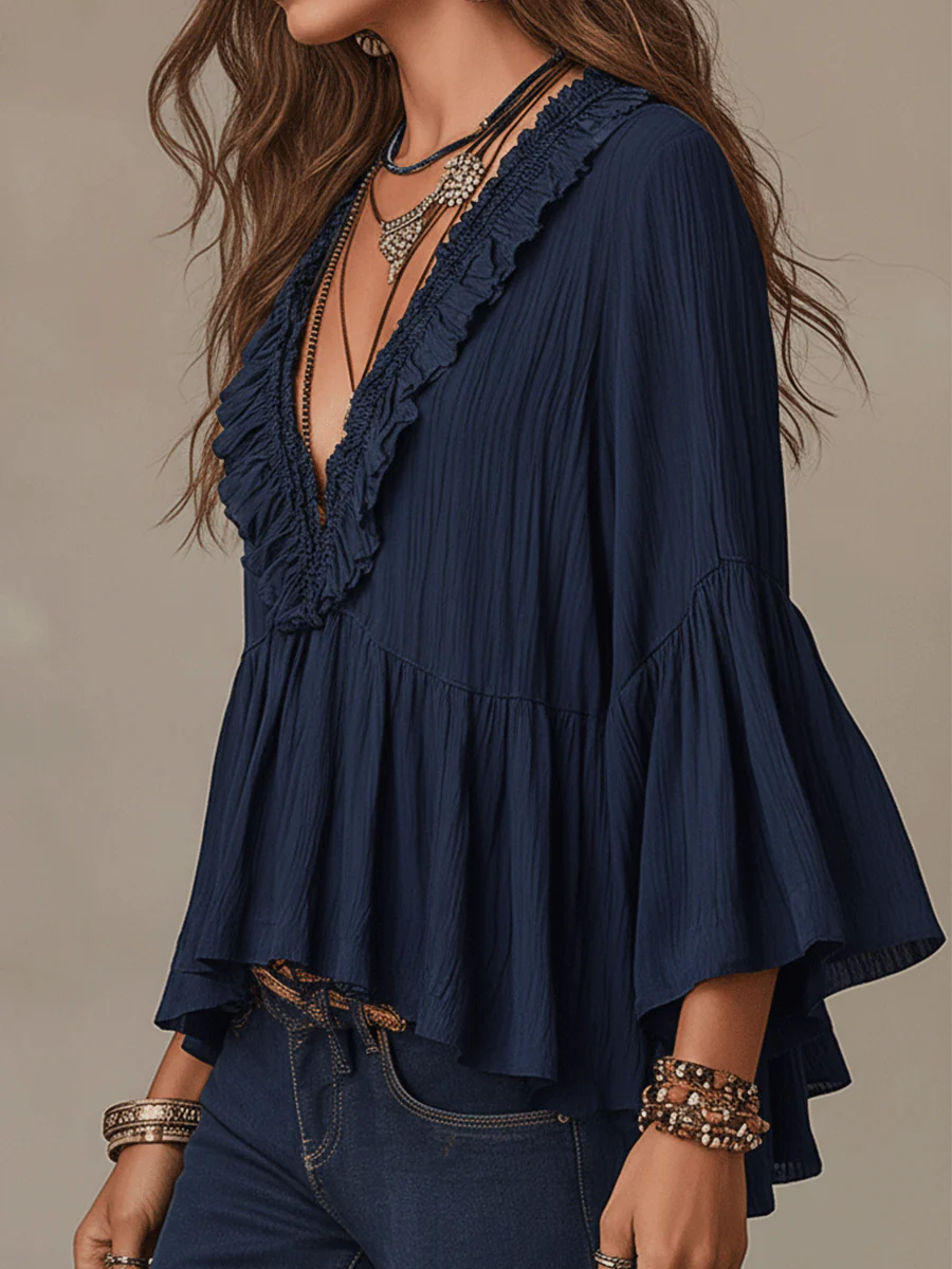 Effortless Deep Blue Ruffle Boho Blouse - Image 3