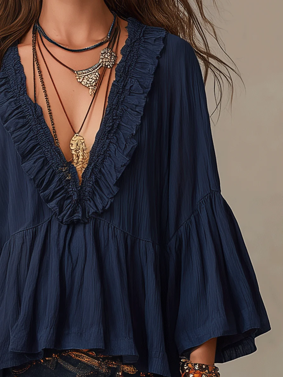 Effortless Deep Blue Ruffle Boho Blouse - Image 4