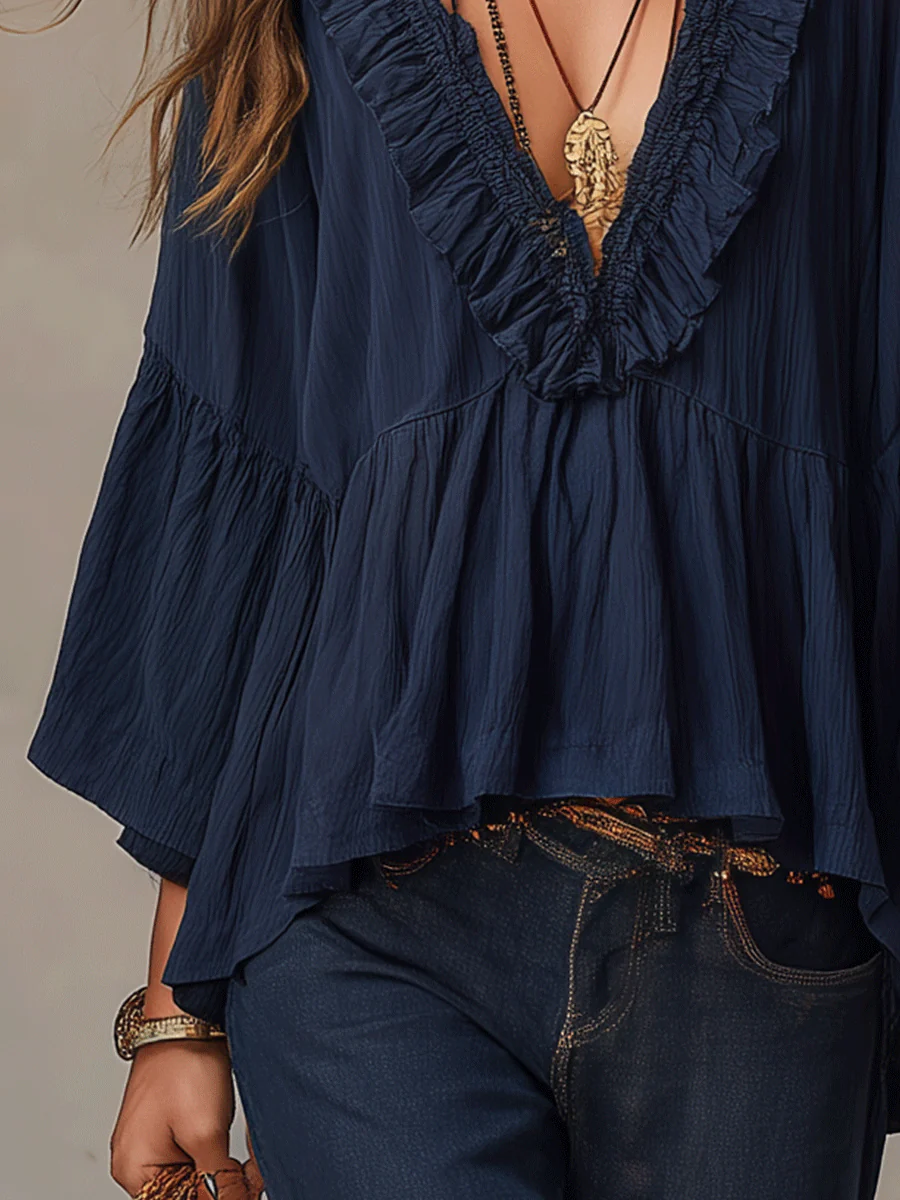 Effortless Deep Blue Ruffle Boho Blouse - Image 5