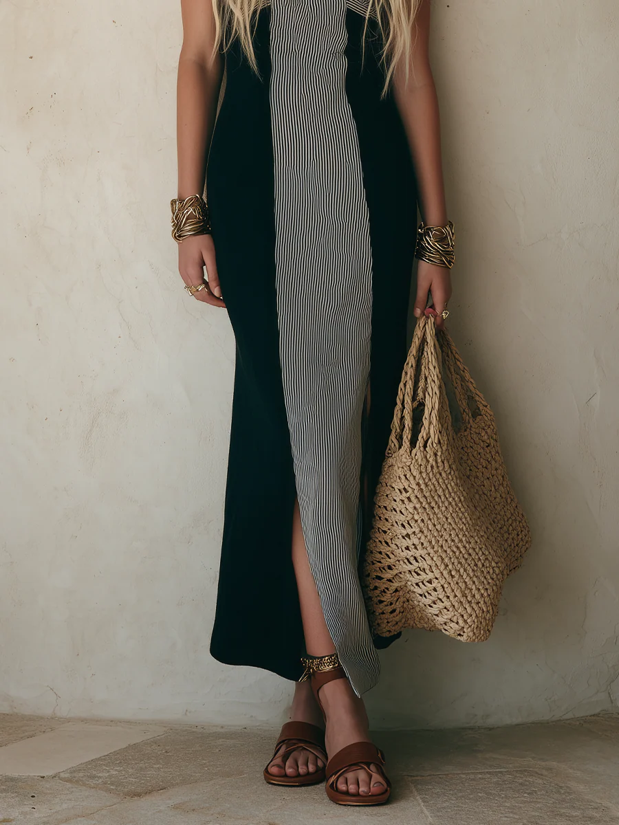 Effortless Evening Black Contrast Panel Halter Maxi Dress - Image 3
