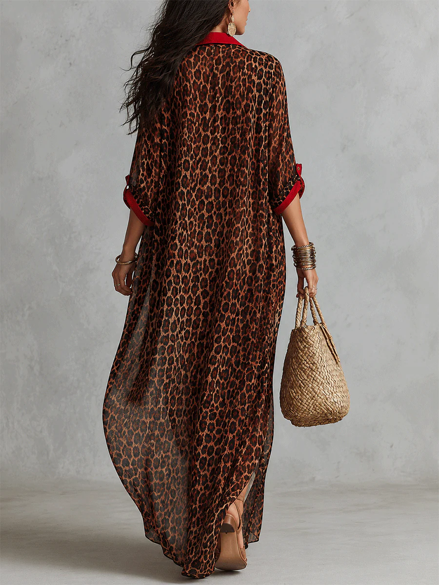 Effortless Glam Sheer Leopard Deep-V Belted Brown Shirt Maxi Dress - Image 2