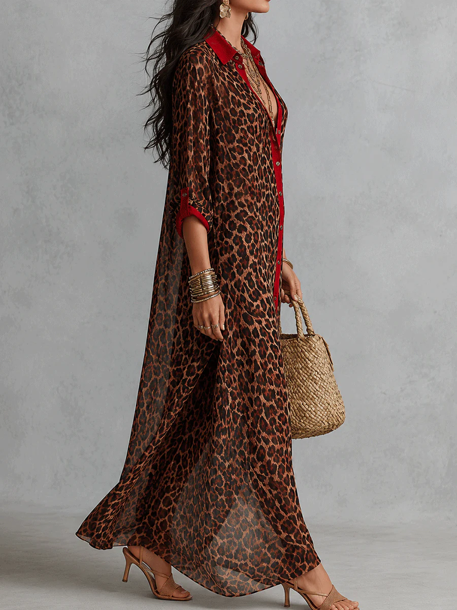 Effortless Glam Sheer Leopard Deep-V Belted Brown Shirt Maxi Dress - Image 3