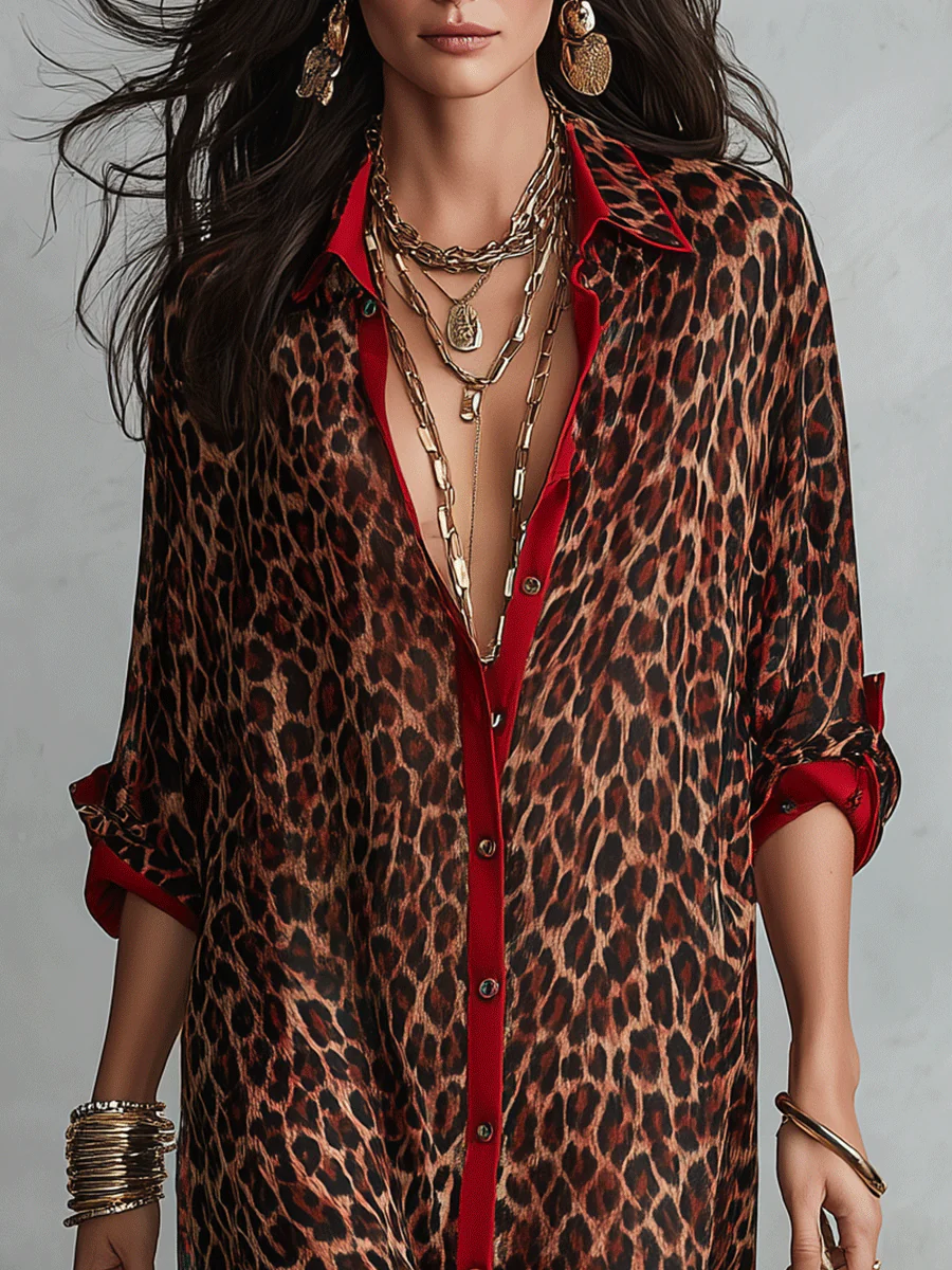 Effortless Glam Sheer Leopard Deep-V Belted Brown Shirt Maxi Dress - Image 4