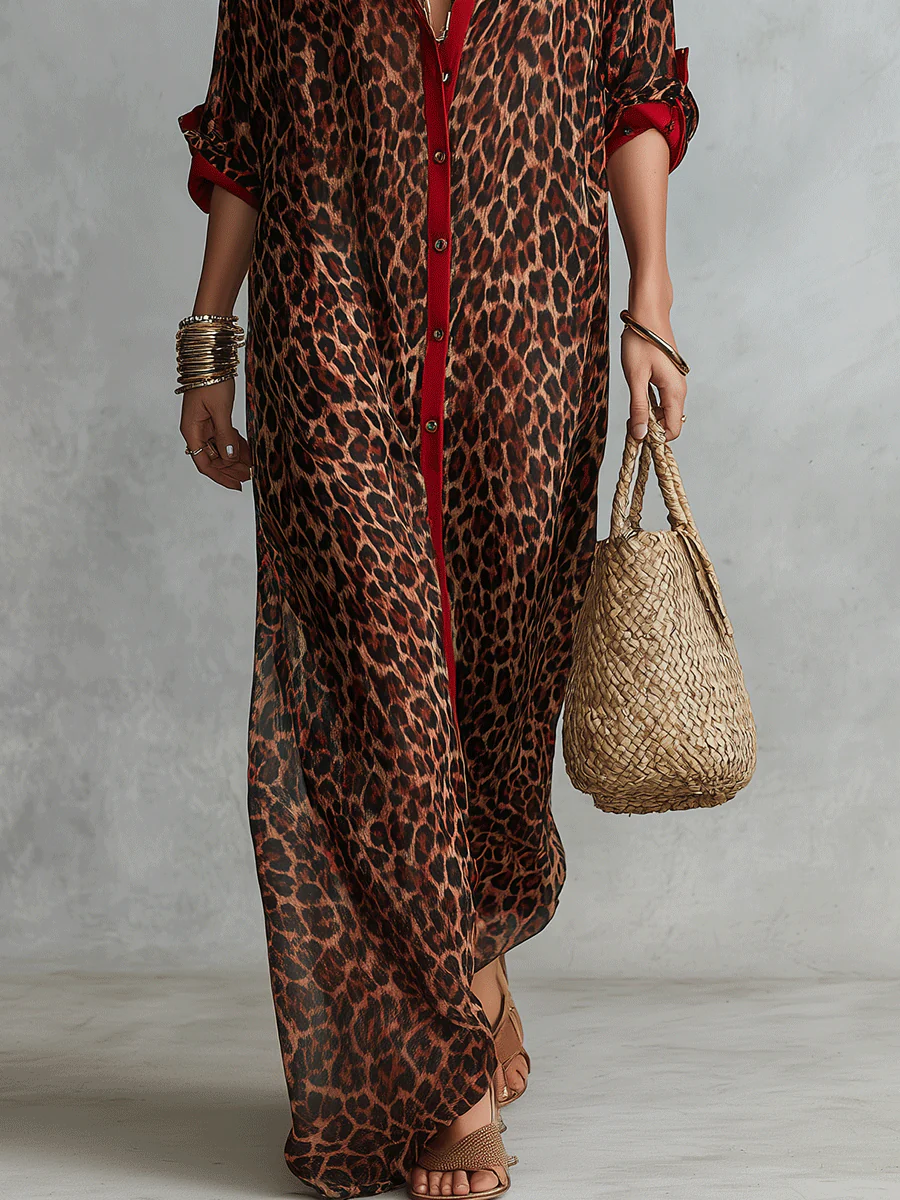 Effortless Glam Sheer Leopard Deep-V Belted Brown Shirt Maxi Dress - Image 5