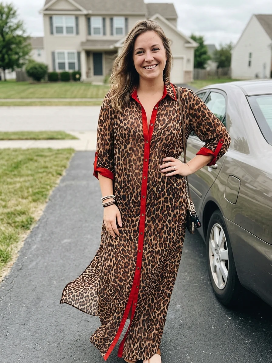 Effortless Glam Sheer Leopard Deep-V Belted Brown Shirt Maxi Dress - Image 6