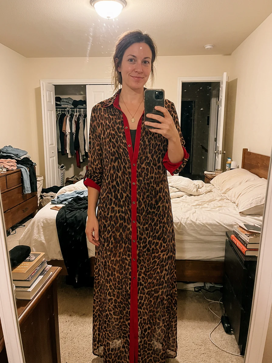 Effortless Glam Sheer Leopard Deep-V Belted Brown Shirt Maxi Dress - Image 7
