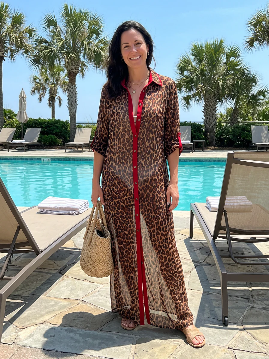 Effortless Glam Sheer Leopard Deep-V Belted Brown Shirt Maxi Dress - Image 8