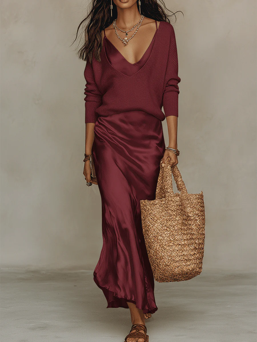 Effortless Ivory Knit & Satin Midi Ensemble - Image 12