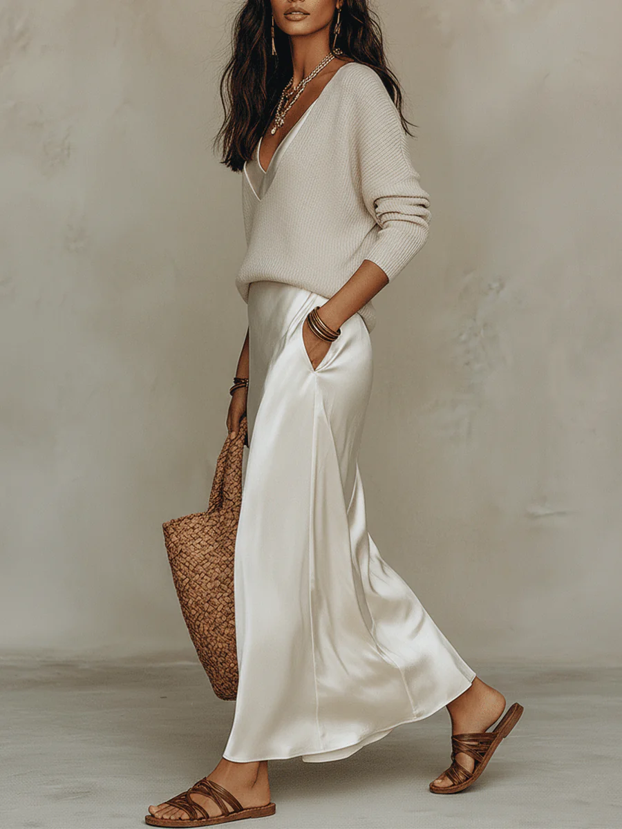 Effortless Ivory Knit & Satin Midi Ensemble - Image 16