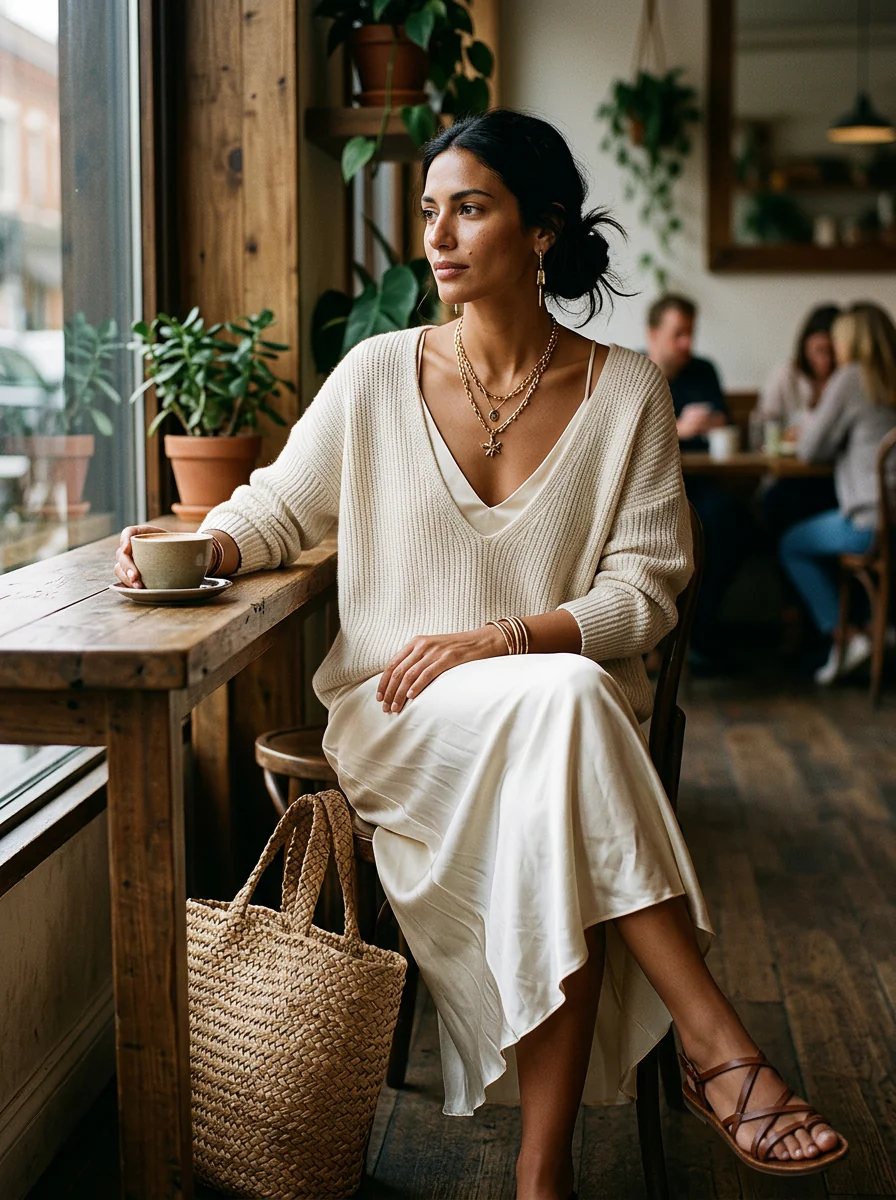 Effortless Ivory Knit & Satin Midi Ensemble - Image 4