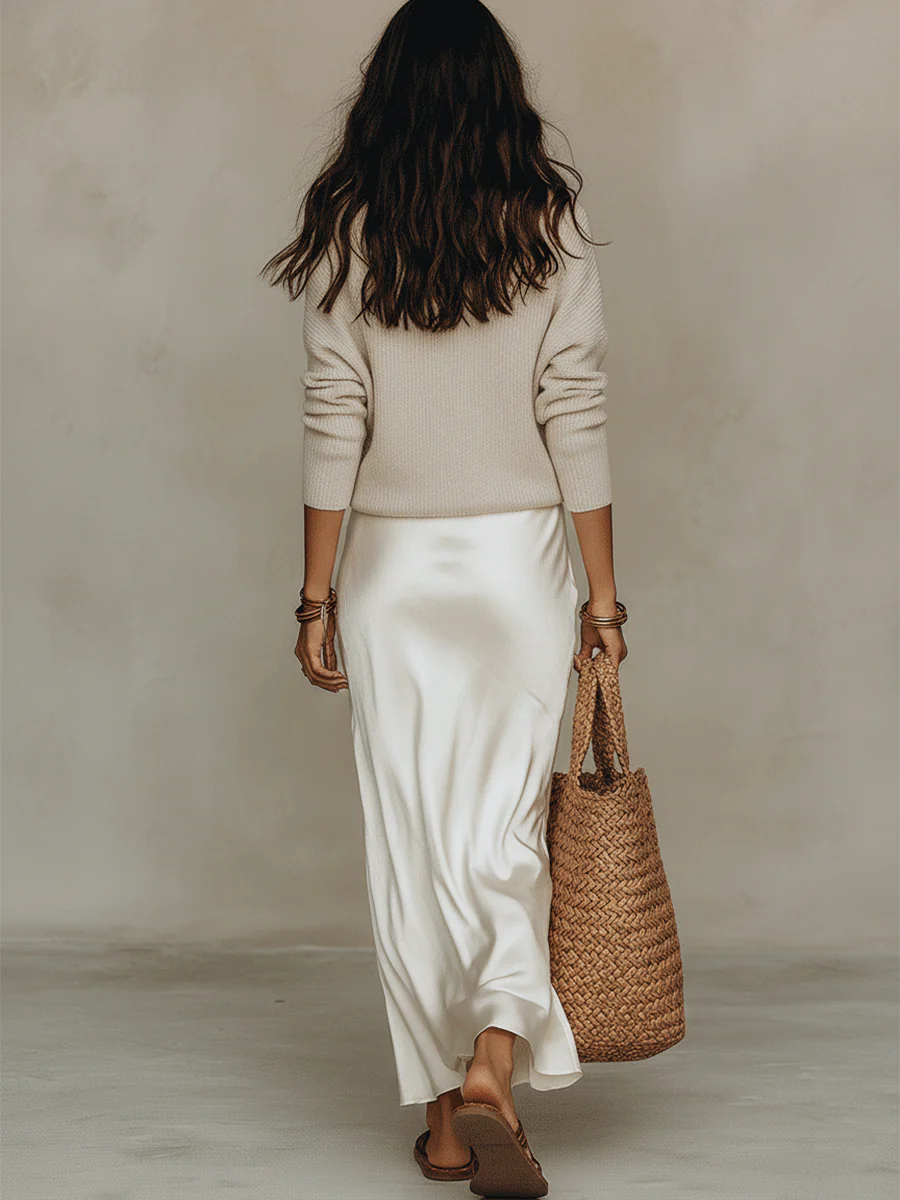 Effortless Ivory Knit & Satin Midi Ensemble - Image 7