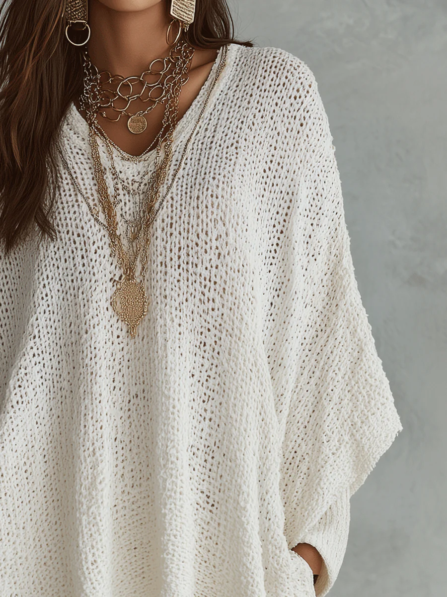 Effortless Neutral Bohemian Pullover Knit Top - Image 4