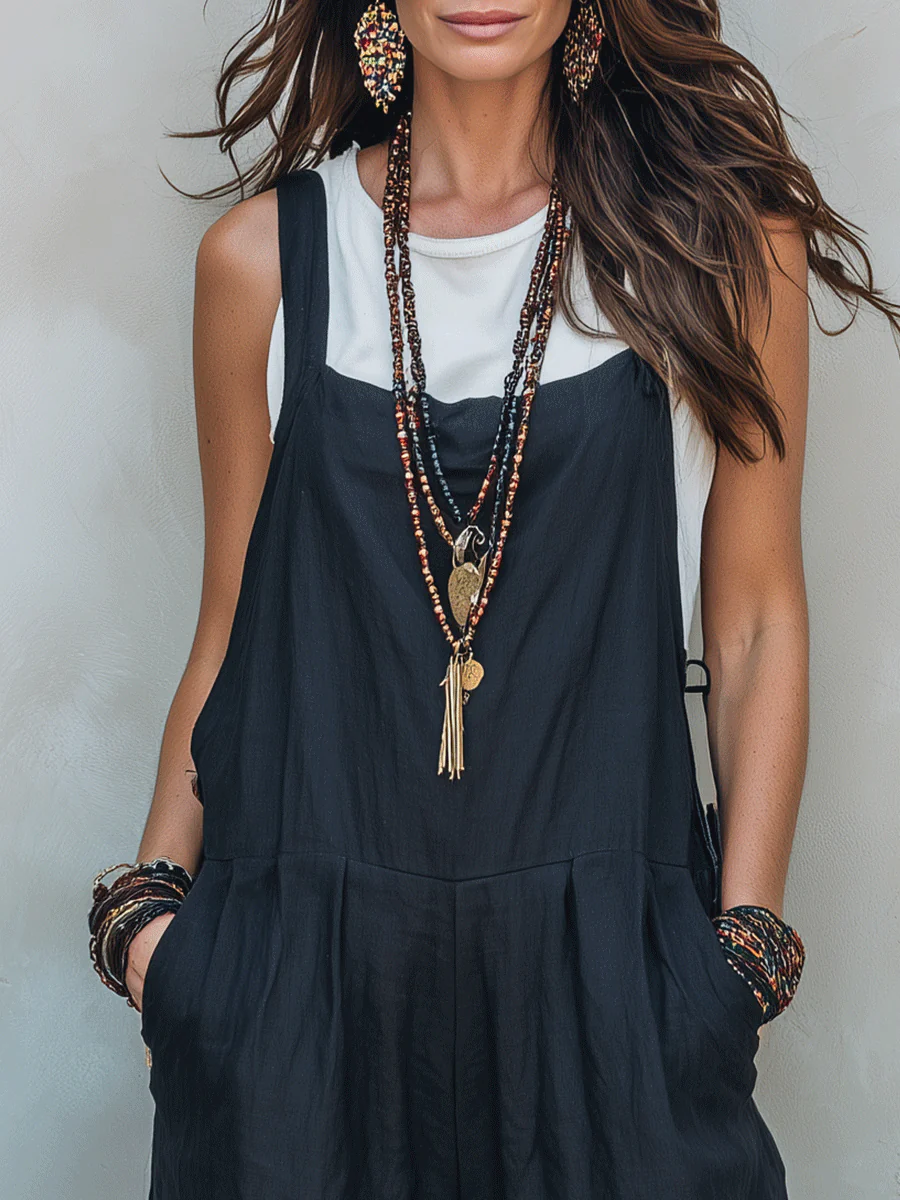 Effortless Noir Flax Layered Boho Sleeveless Wide-Leg Jumpsuit - Image 2
