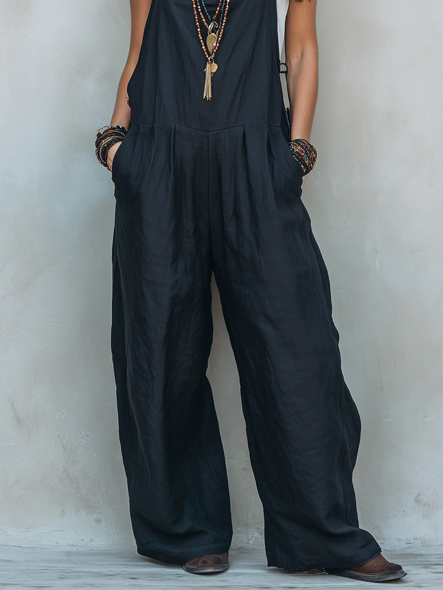 Effortless Noir Flax Layered Boho Sleeveless Wide-Leg Jumpsuit - Image 3