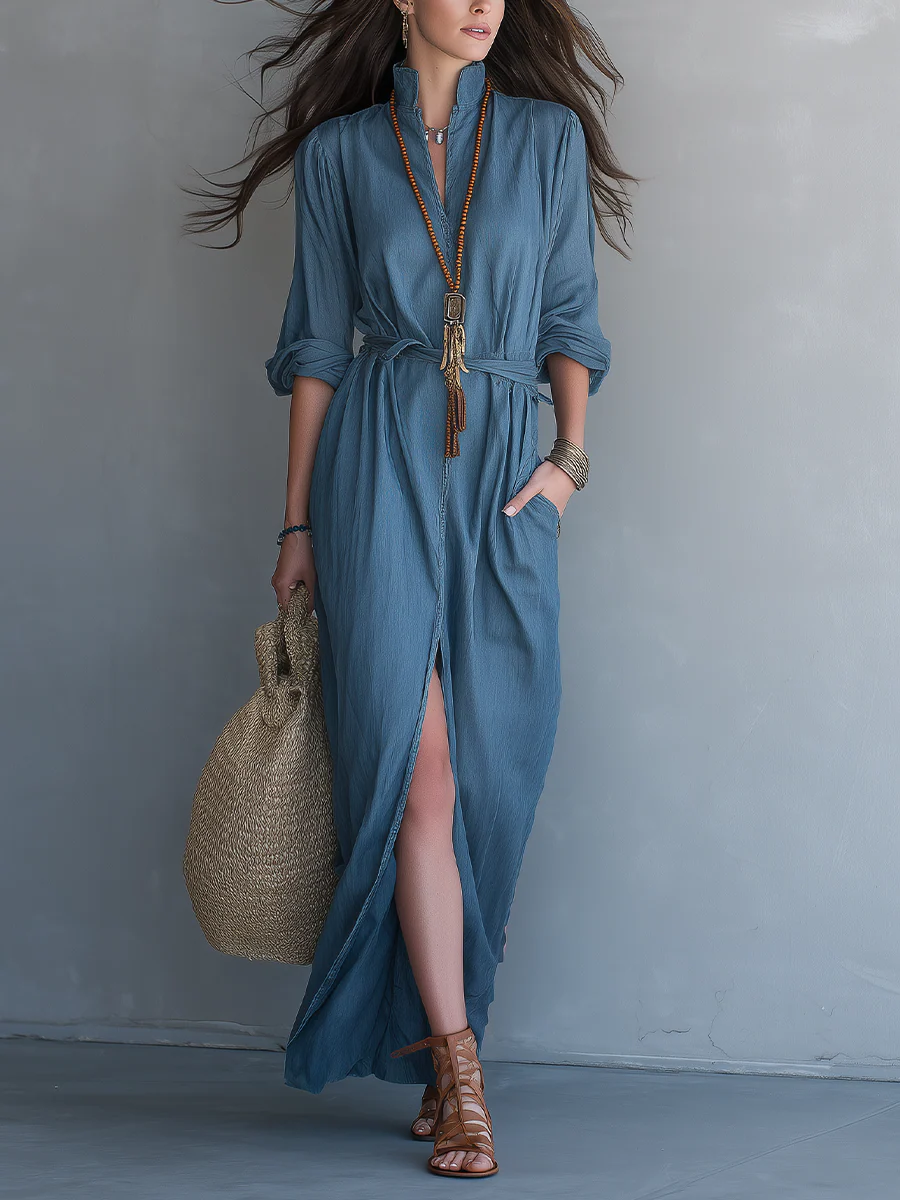 Effortless Resort Blue Button Front Maxi Dress