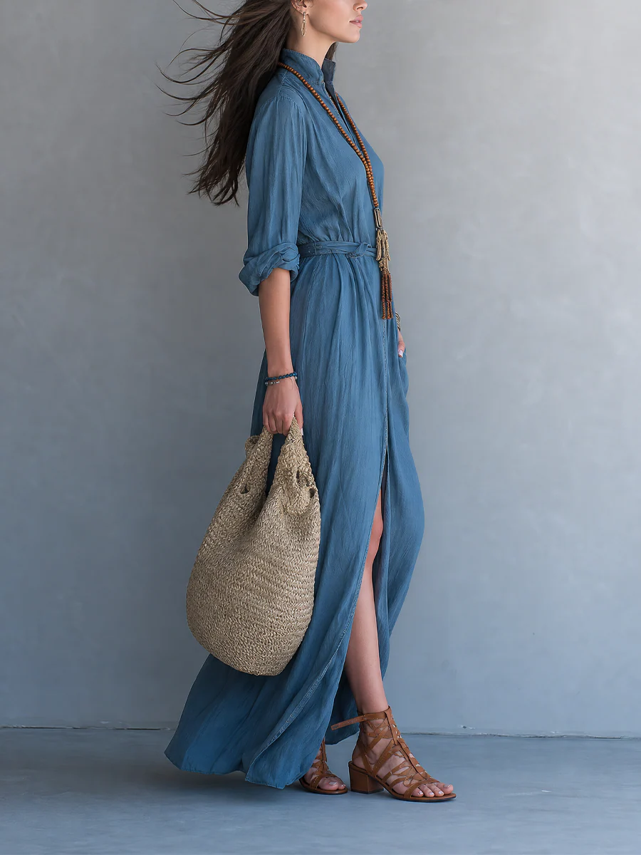 Effortless Resort Blue Button Front Maxi Dress - Image 3
