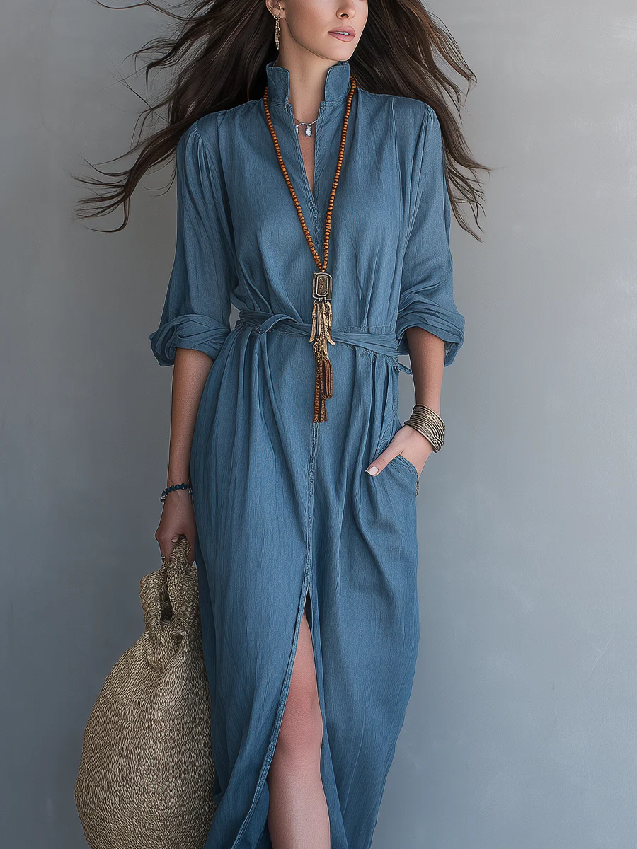 Effortless Resort Blue Button Front Maxi Dress - Image 4