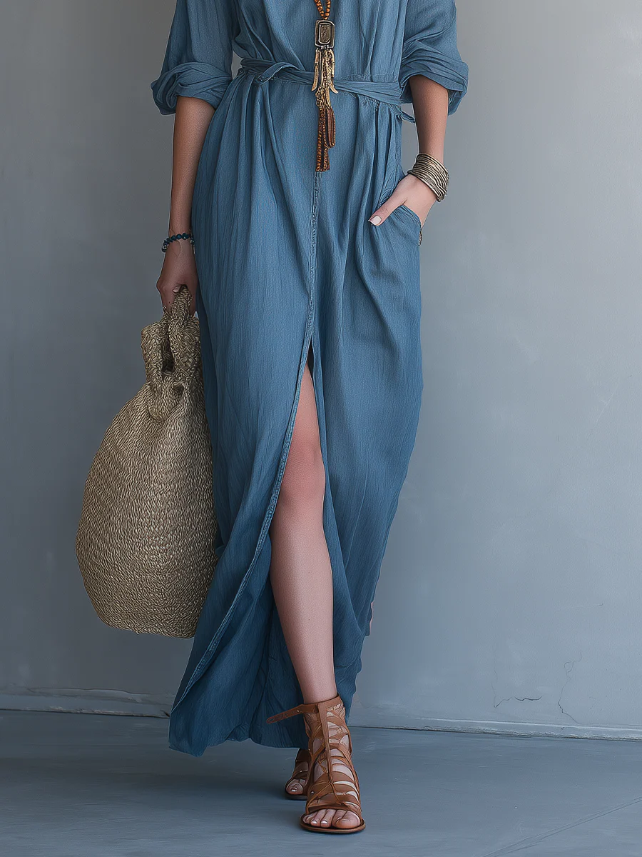 Effortless Resort Blue Button Front Maxi Dress - Image 5