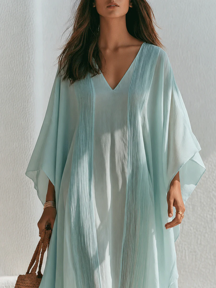 Effortless Resort Chiffon Pleated V-Neck Batwing Mint Blue Kaftan Maxi Dress - Image 2