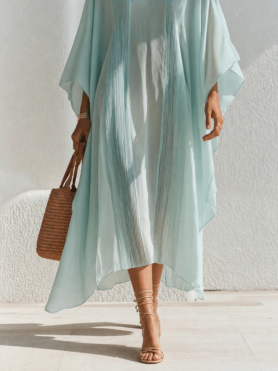 Effortless Resort Chiffon Pleated V-Neck Batwing Mint Blue Kaftan Maxi Dress - Image 3
