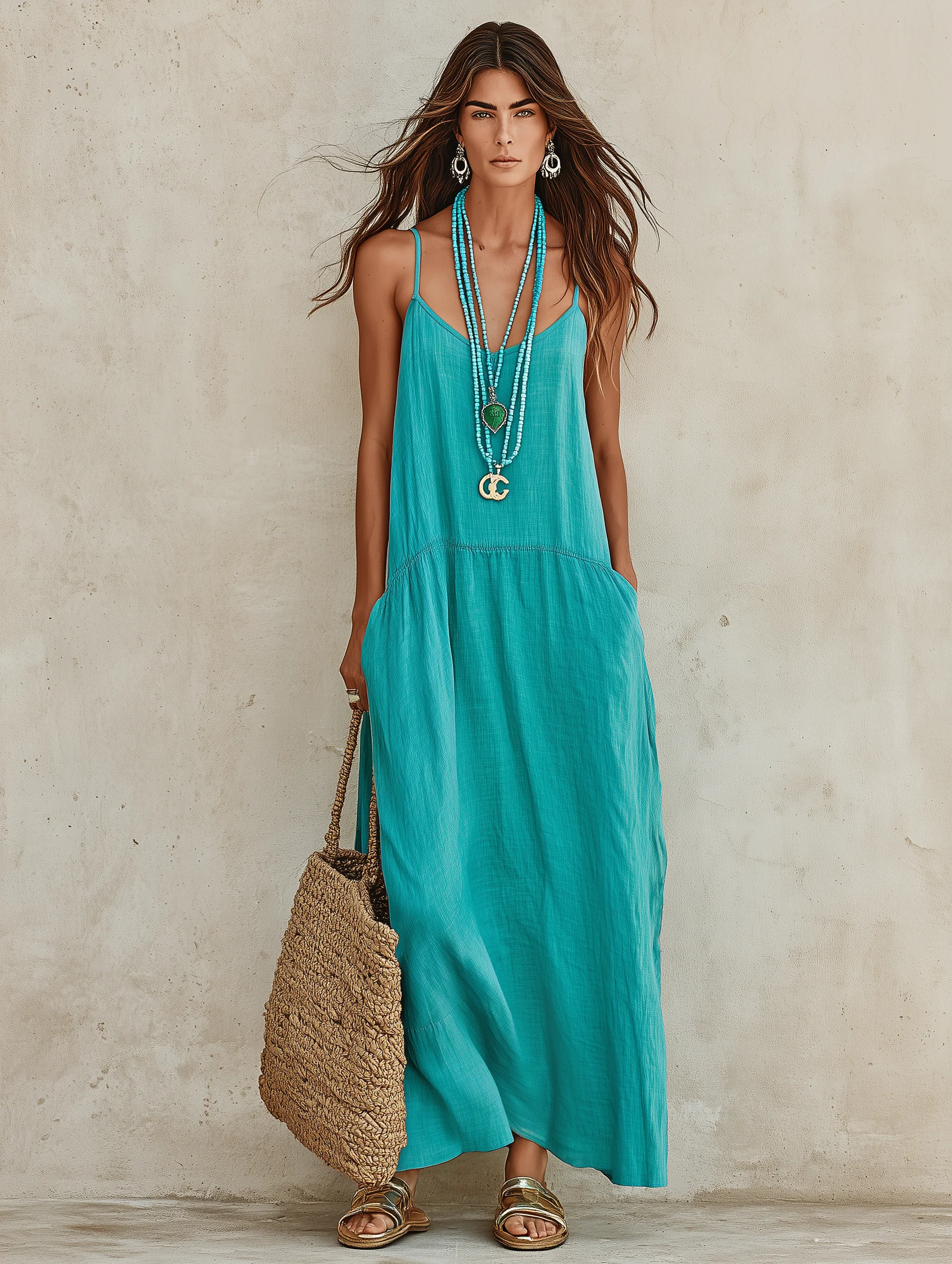 Effortless Resort Cotton-Linen Sleeveless Flowy Teal Cami Maxi Dress - Image 2