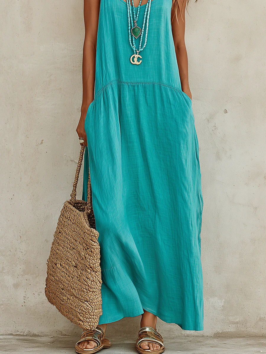 Effortless Resort Cotton-Linen Sleeveless Flowy Teal Cami Maxi Dress - Image 3