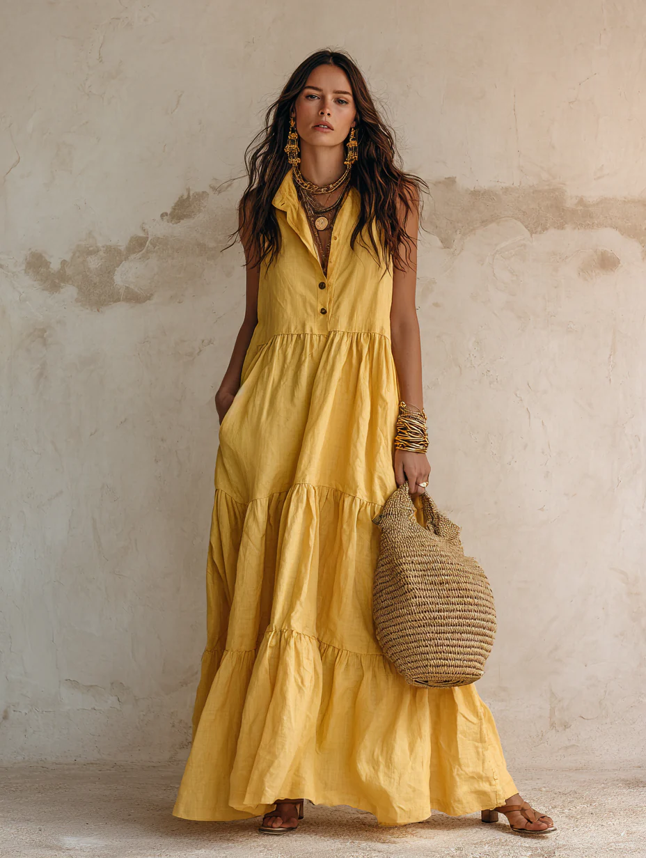 Effortless Resort Linen Collared Button-Front Tiered Ginger Maxi Dress - Image 2