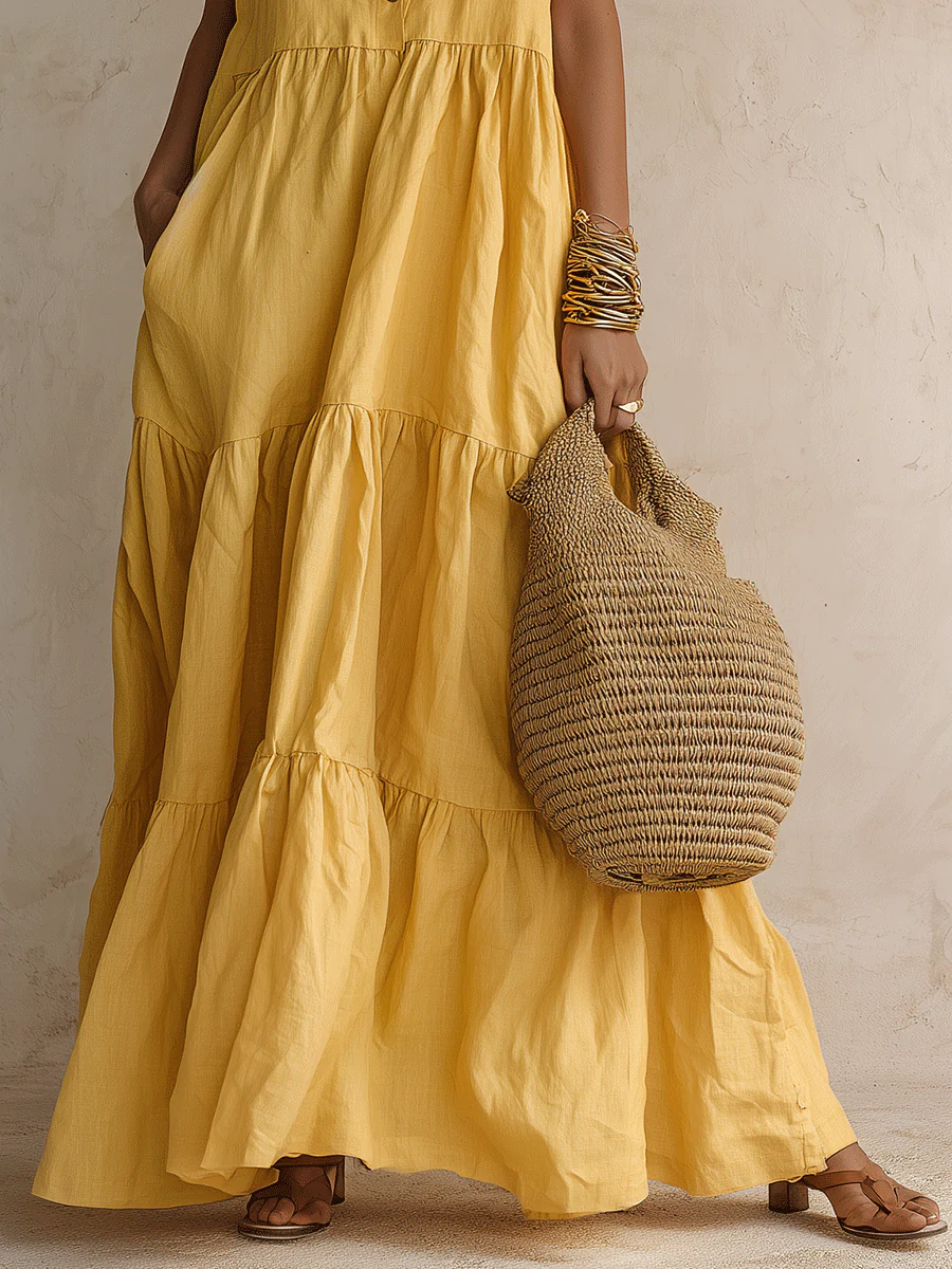 Effortless Resort Linen Collared Button-Front Tiered Ginger Maxi Dress - Image 3
