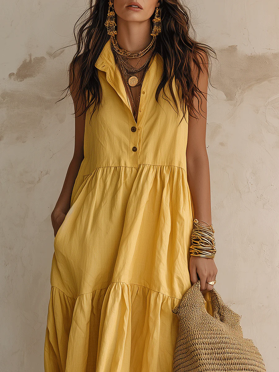 Effortless Resort Linen Collared Button-Front Tiered Ginger Maxi Dress - Image 4