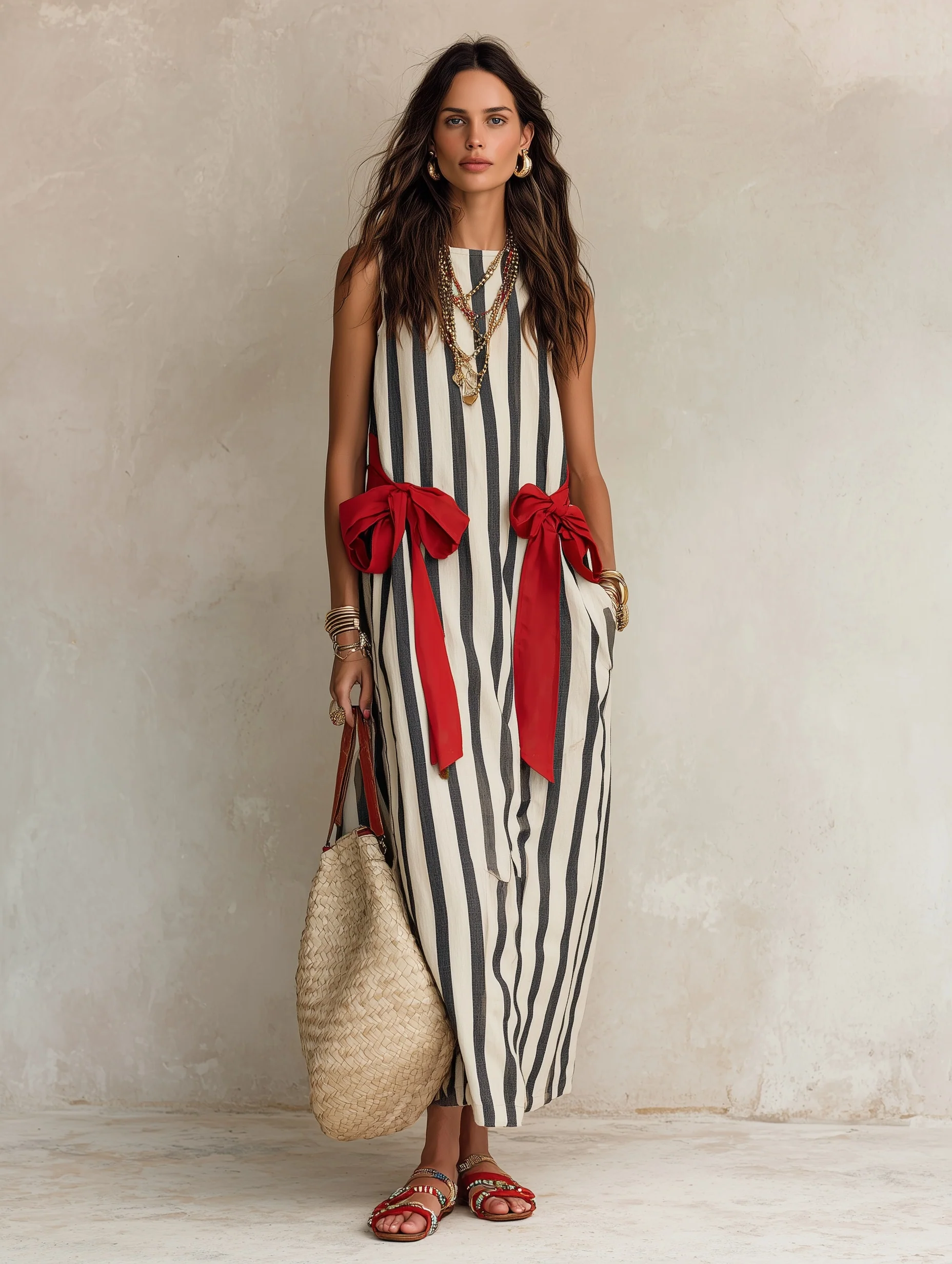 Effortless Resort Linen Vertical-Stripe Contrast-Bow Loose Monochrome Maxi Dress - Image 2