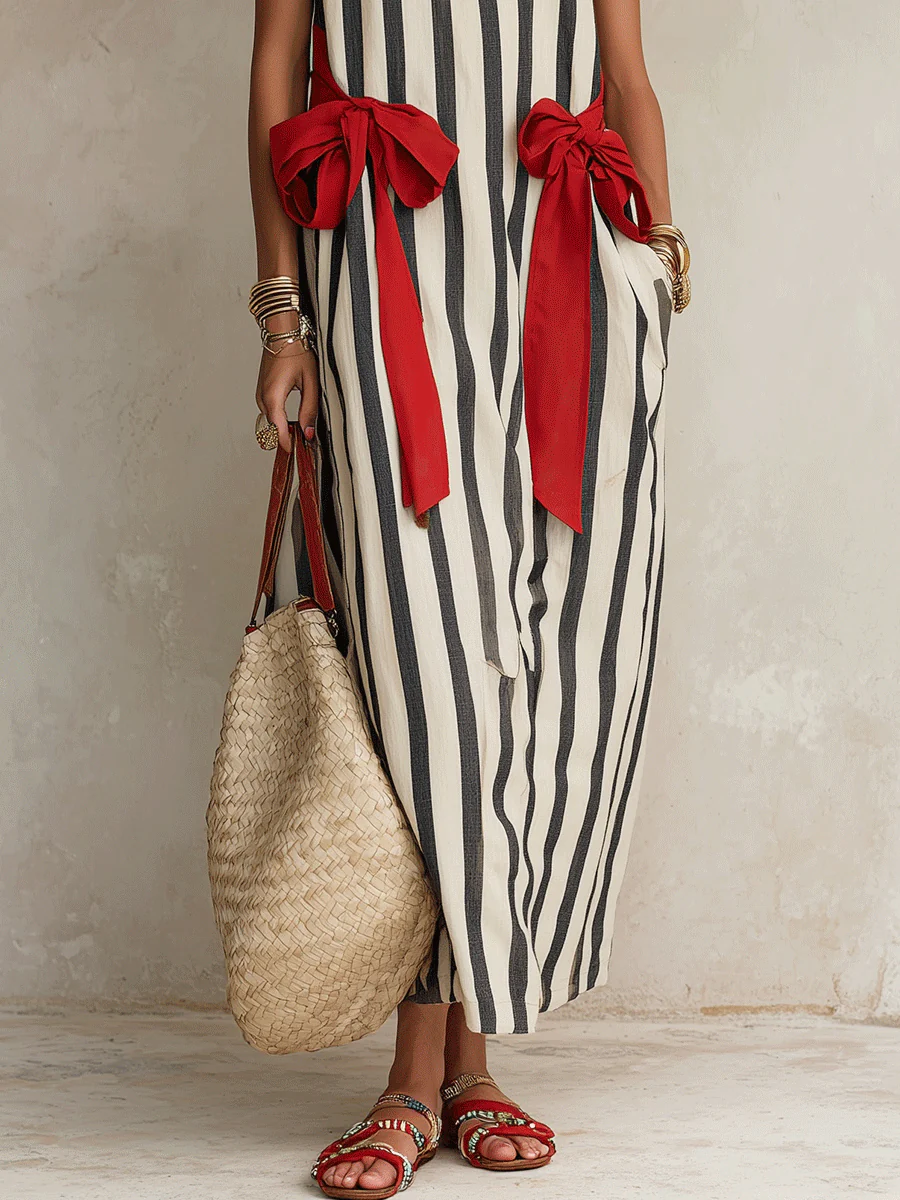 Effortless Resort Linen Vertical-Stripe Contrast-Bow Loose Monochrome Maxi Dress - Image 3
