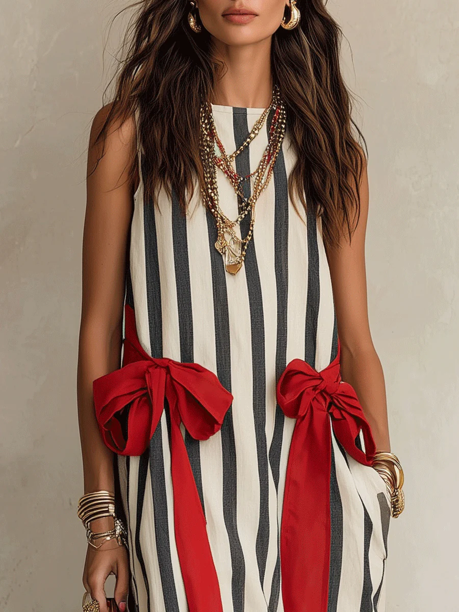 Effortless Resort Linen Vertical-Stripe Contrast-Bow Loose Monochrome Maxi Dress - Image 4