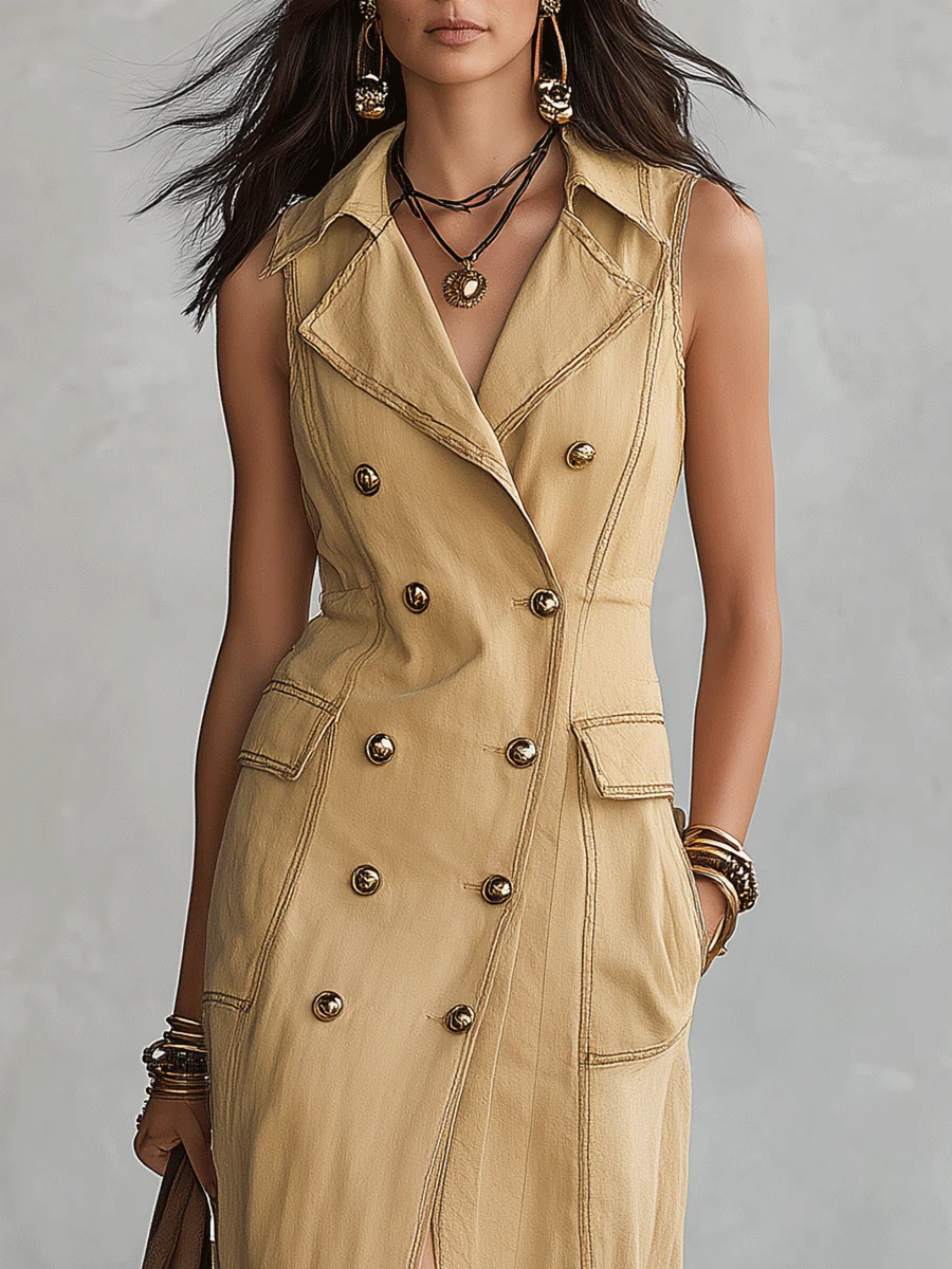 Effortless Tailored Linen Double-Breasted Front-Slit Khaki Maxi Dress - Image 2