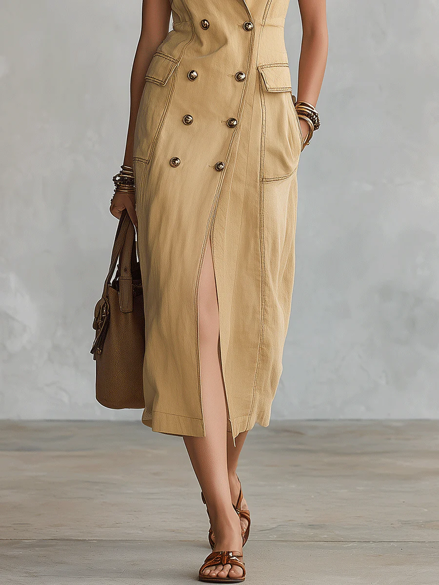 Effortless Tailored Linen Double-Breasted Front-Slit Khaki Maxi Dress - Image 3