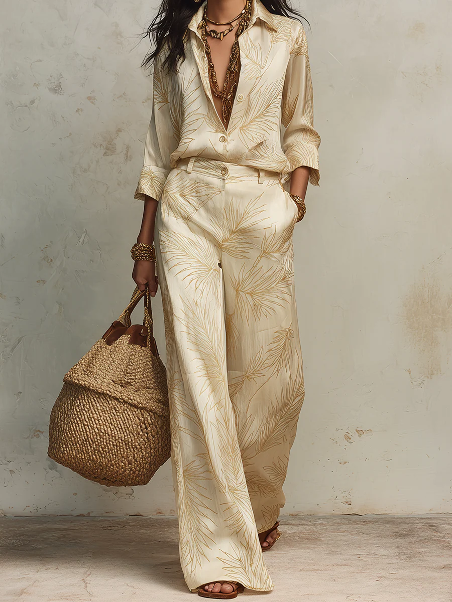 Effortless Vacation Printed Shirt & Flowy Trousers Set - Image 3