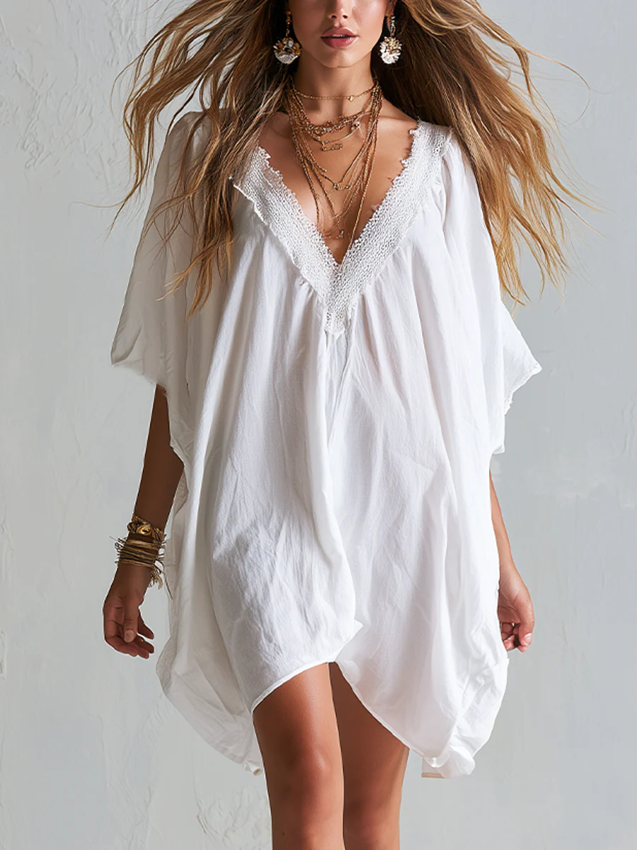 Effortless White Lace Trim Boho Mini Dress - Image 2