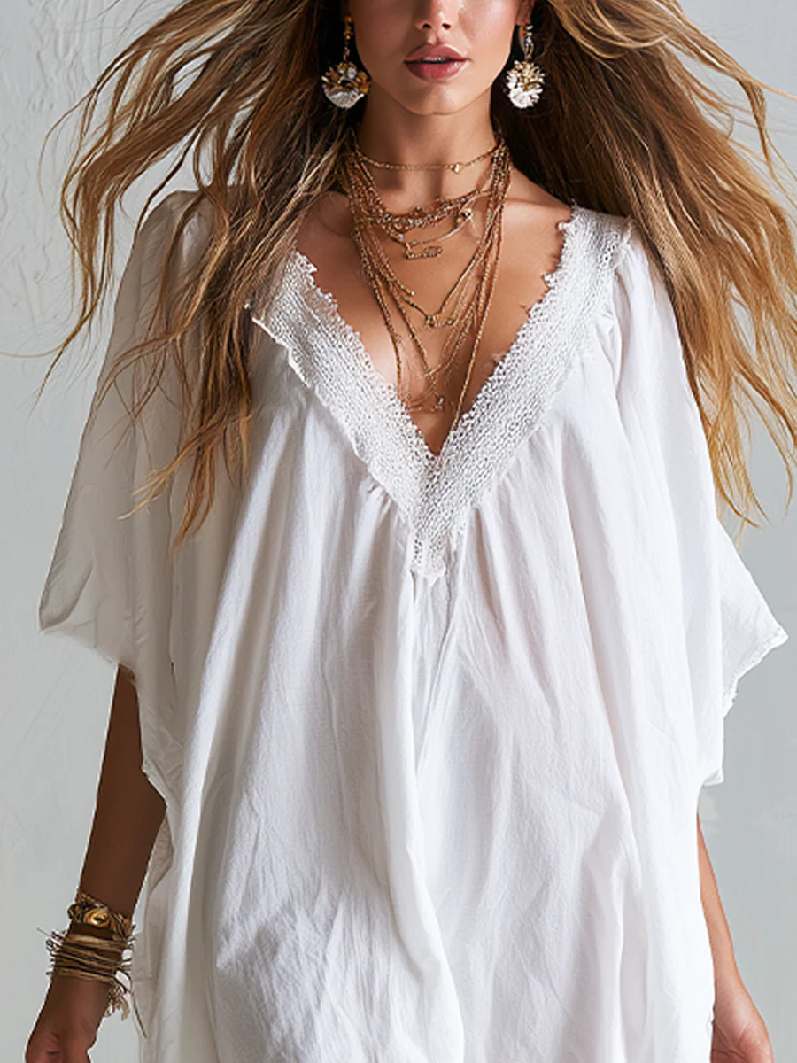 Effortless White Lace Trim Boho Mini Dress - Image 3