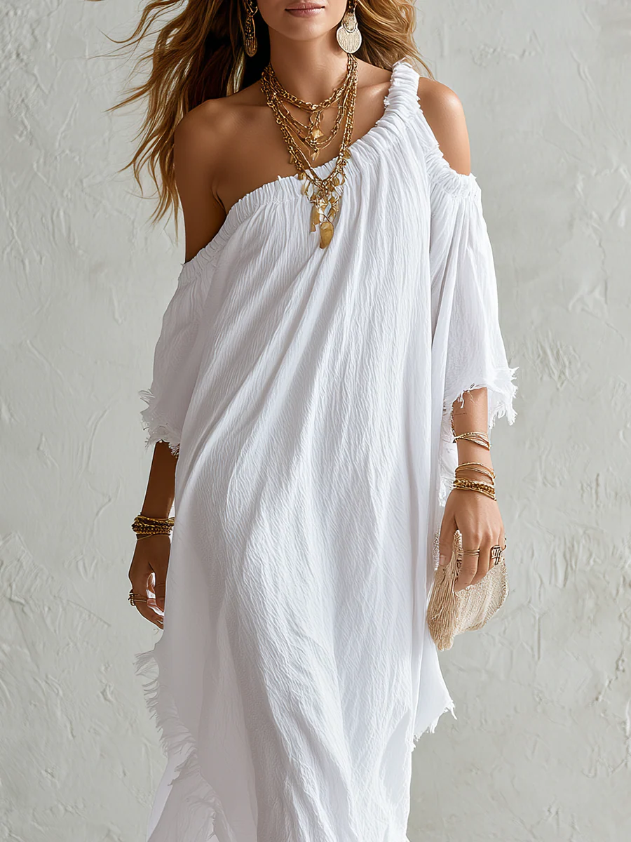 Effortless White One Shoulder Textured Maxi Dress - Image 2