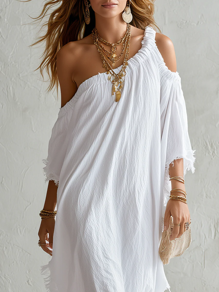 Effortless White One Shoulder Textured Maxi Dress - Image 3
