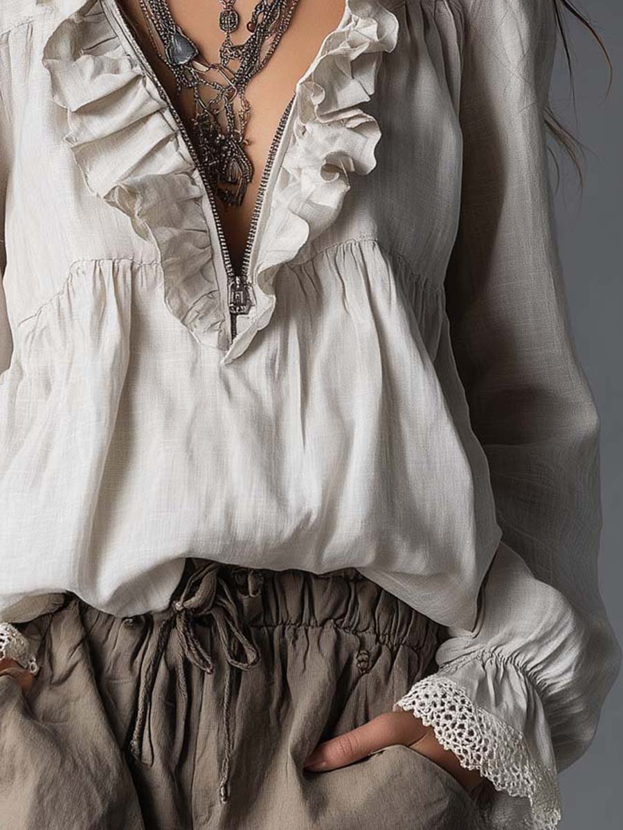 Effortless Zip-up Collar Ruffled Cotton Linen Blouse - Image 3