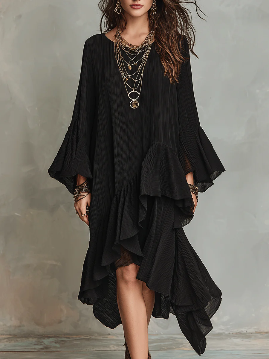 Elegant Asymmetric Ruffle Black Boho Midi Dress - Image 3