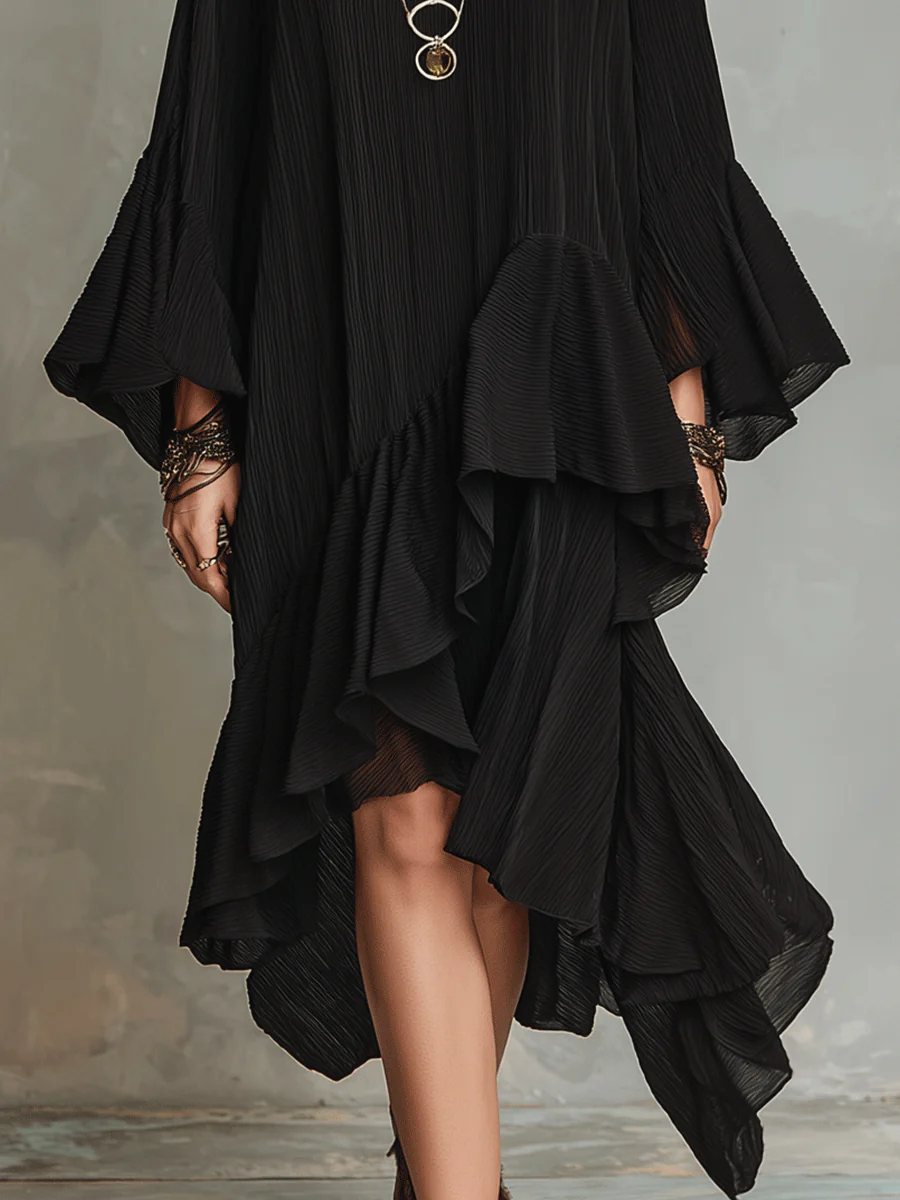 Elegant Asymmetric Ruffle Black Boho Midi Dress - Image 5