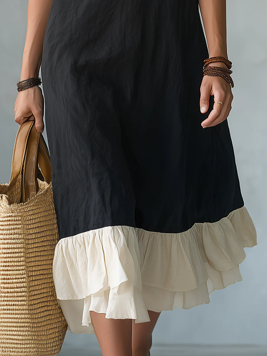Elegant Black Contrast Ruffle Midi Dress - Image 3
